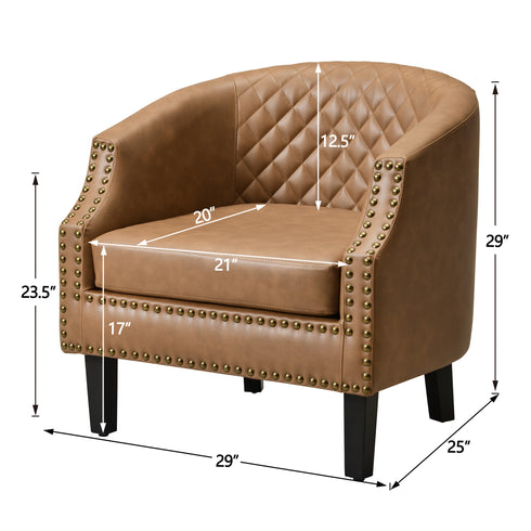 Louis Faux Leather Tufted Club Chair - Camel Accent Chair | Decorative Accent Chairs | Kinwell Furniture | Modern Club Chairs | Barrel Club Chair | Nailhead Trim Chair | Contemporary Faux Leather Chair | Elegant Camel Chair
